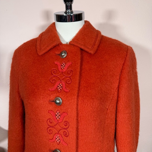 Vintage 1940 50 Austrian Loden Burnt orange wool Mohair Embroidered Long Coat - Picture 3 of 17